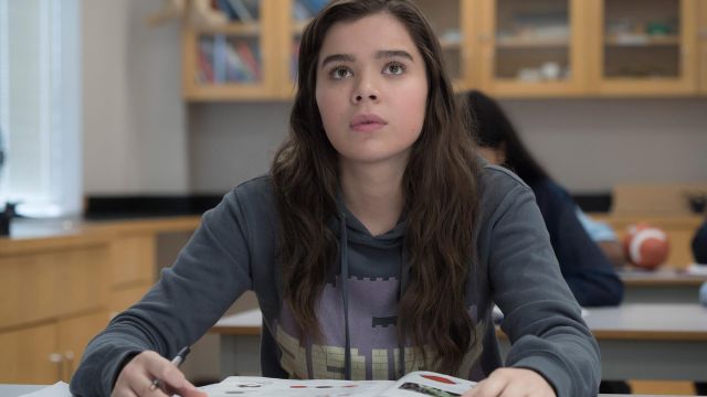 Vintage grey, purple, and yellow lego hoodie worn by Nadine (Hailee Steinfeld) in The edge of seventeen