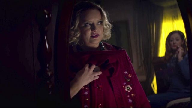 Red Floral Stitched Cardigan worn by Hilda Spellman (Lucy Davis) in Chilling Adventures of Sabrina (S01E05)