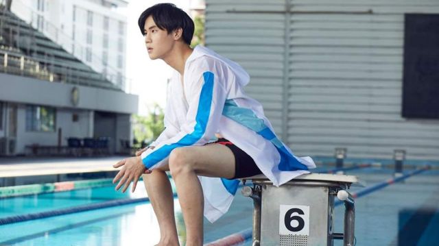 The jacket blue and white worn by the team swimming Team and Win in the series ด้ายแดงซีรีส์ / Until We Meet Again The Series
