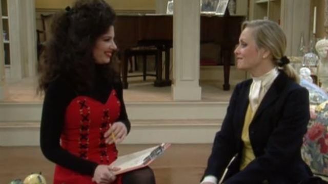 Moschino skirt suit with heart shaped buttons worn by Fran Fine (Fran  Drescher) as seen in The Nanny TV show wardrobe (Season 6 Episode 22)