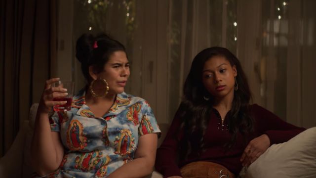 Our Lady of Guadalupe printed shirt worn by Jasmine (Jessica Marie Garcia) in On My Block (S02E06)