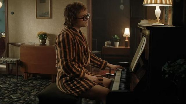 Brown and Yellow Stripe Robe worn by Elton John (Taron Egerton) in Rocketman