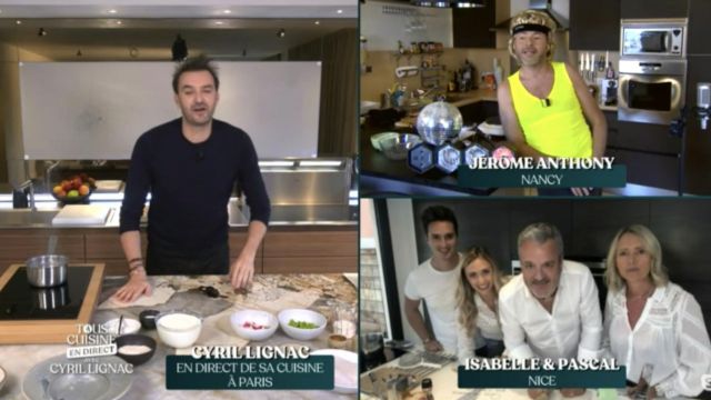 The white shirt with lace worn by Isabelle in All cooking in the kitchen with Cyril Lignac on the 1st of may 2020