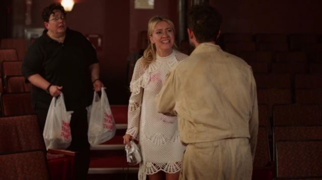 The dress in macramé worn by Portia Davenport (Meredith Hagner) in Search Party (S03E02)