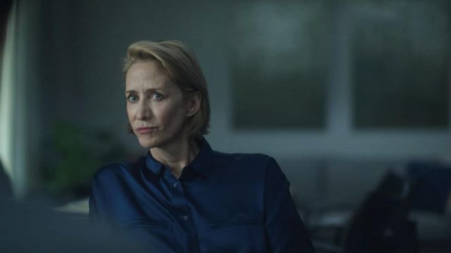 Royal blue blouse with double welt chest pockets worn by Helen Pierce (Janet McTeer) in Ozark (Season 3 Episode 1)