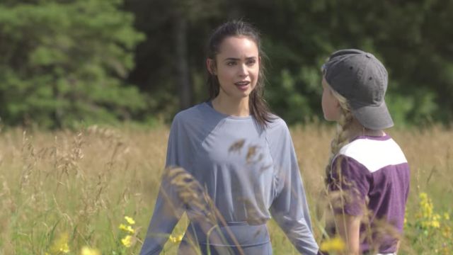 Sheer Blue Long-Sleeve Running Top worn by April (Sofia Carson) in Feel the Beat