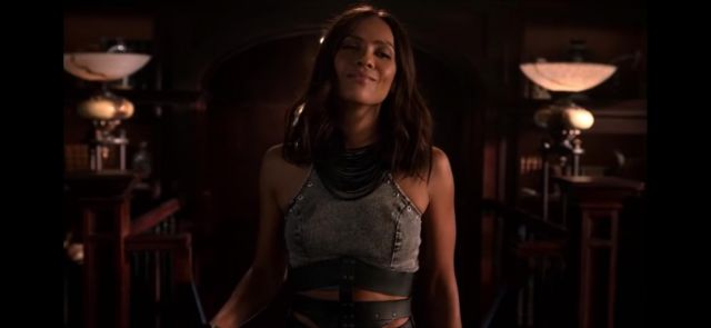 Grey top with black leather stripes worn by Mazikeen "Maze" in Lucifer