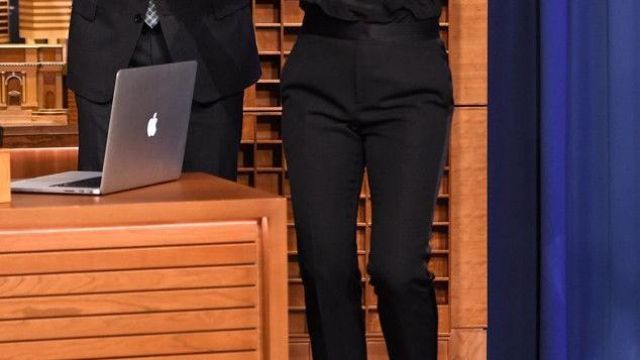 3/4 fitted tuxedo pants with satin belt worn by Jennifer Aniston Jennifer Aniston The Tonight Show Starring Jimmy Fallon