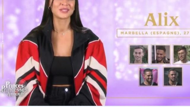 Sport jacket black red and white worn by alix desmoineaux in The princes and princesses of love