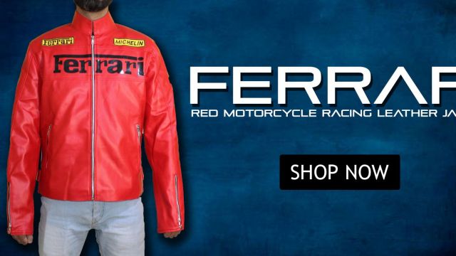 Ferrari Red Motorcycle Racing Leather Jacket For Men worn by Self (Peter Collins) in Ferrari: Race to Immortality