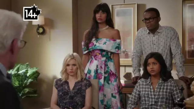 The floral dress worn by Tahani Al-Jamil (Jameela Jamil) in the series The Good Place (Season 1 Episode 11)