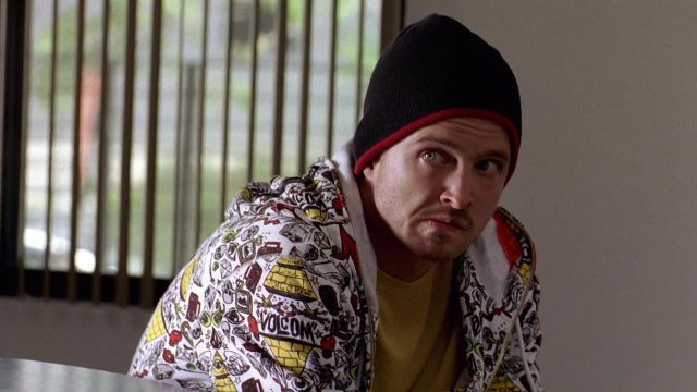Printed jacket outfits worn by Jesse Pinkman (Aaron Paul) in Breaking Bad TV series (S02E04)