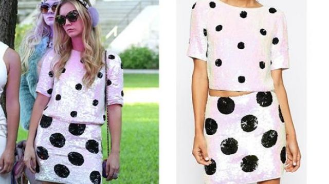 ASOS Spot Sequin Tee & Mini Skirt with Embellished Spots worn by Chanel #3 (Billie  Catherine Lourd) in Scream Queens (S01E05)