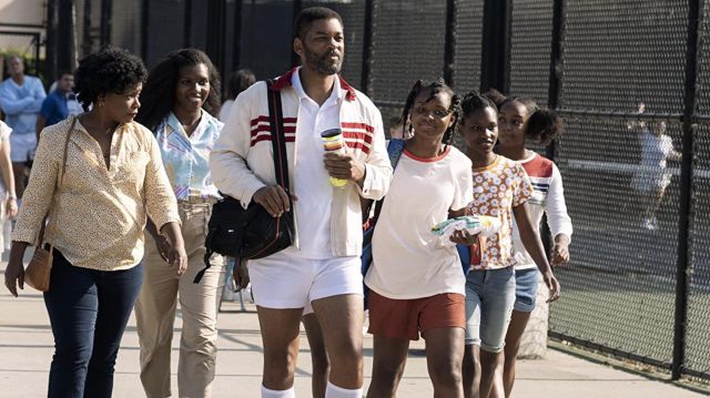 Striped white tennis track jacket worn by Richard Williams (Will Smith) as seen in King Richard - outfits from the movie