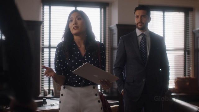 Polka dots blouse shirt worn by Danielle Lim (Yvonne Chapman) as seen in Family Law TV series wardrobe (Season 1 Episode 2)