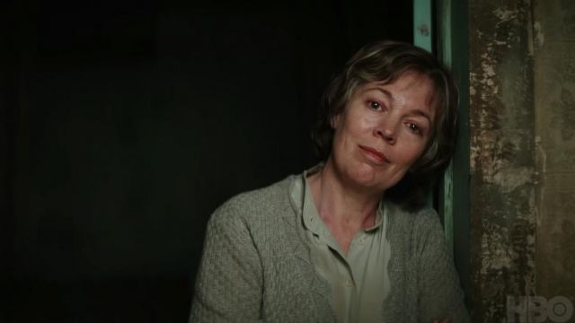 Grey knitted cardigan worn by Susan Edwards (Olivia Colman) as seen in Landscapers TV series wardrobe (Season 1 Episode 1)