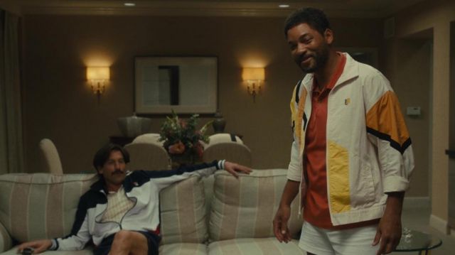 Prince White tennis Track veste portée par Richard Williams (Will Smith) comme on le voit dans la garde-robe du film King Richard