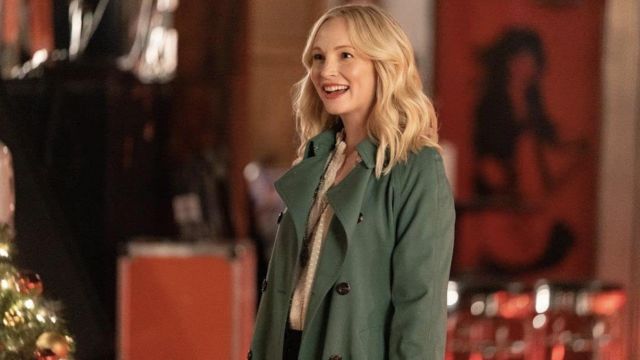 Green Trench Coat worn by Belle (Candice King) as seen in Christmas in Tune movie wardrobe