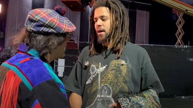 Black Printed T-shirt worn by J. Cole in Nardwuar vs. J. Cole YouTube video (2021) 