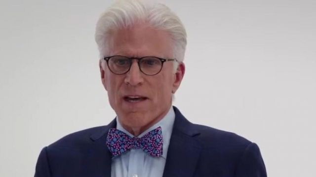 Navy blue floral bow tie worn by Michael (Ted Danson) in The Good Place TV show wardrobe (Season 4 Episode 6)