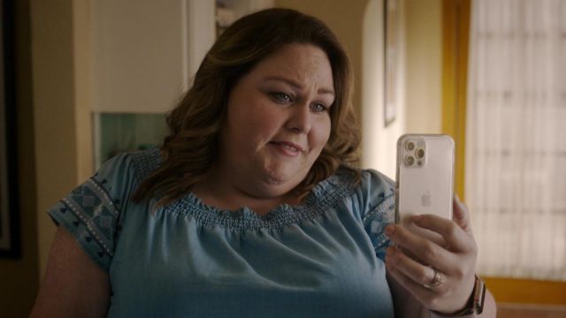 Blue blouse worn by Kate Pearson (Chrissy Metz) as seen in This Is Us TV show wardrobe (Season 6 Episode 1)