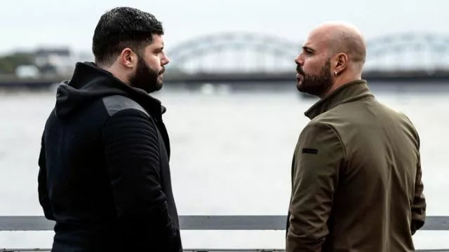 Dark green jacket with black label on shoulder worn by Ciro Di Marzio (Marco D'Amore) in Gomorrah TV show outfits (Season 5 Episode 1)