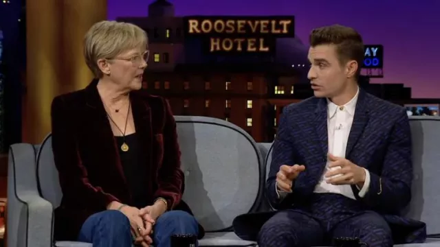 Burgundy Velvet Blazer jacket worn by Annette Bening as seen in The Late Late Show with James Corden on February 2nd, 2022