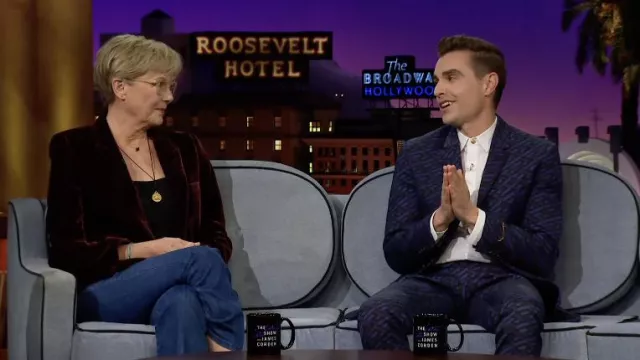 Purple Blue Printed Suit worn by Dave Franco as seen in The Late Late Show with James Corden on February 2nd, 2022
