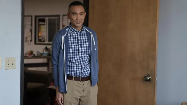 Blue hoodie worn by Edmond Ku (James Hiroyuki Liao) as seen in The Dropout wardrobe (S01E02)