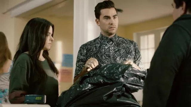 Black and White Short Sleeve Button Up worn by David Rose (Daniel Levy) as seen in Schitt's Creek Tv series outfits (Season 1 Episode 4)