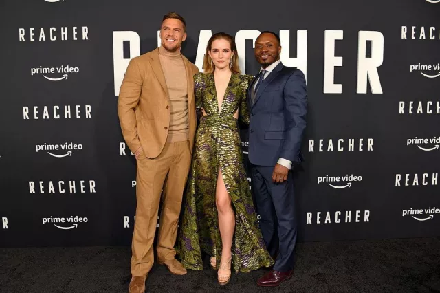 Green long printed dress worn by Willa Fitzgerald for Reacher Premiere ...