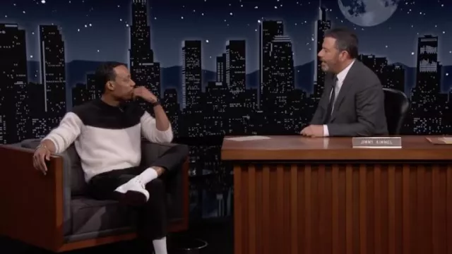 Black and white sweater worn by Tyler James Williams as seen in Jimmy Kimmel Live! on February 14, 2022