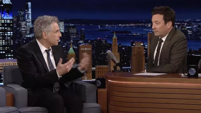 Black grey striped tie worn by Ben Stiller as seen in The Tonight Show Starring Jimmy Fallon on February 21, 2022