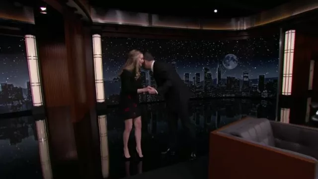 Lips Printed Black Sequined Dress worn by Amanda Seyfried in Jimmy Kimmel Live!