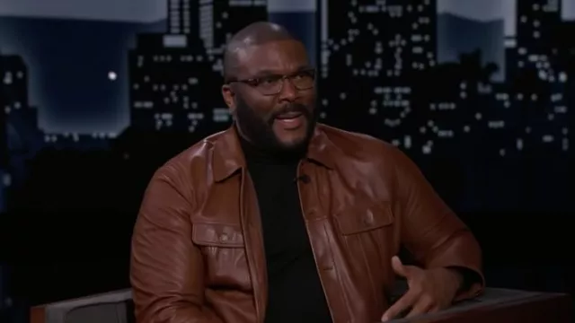 Brown leather jacket worn by Tyler Perry as seen in Jimmy Kimmel Live!