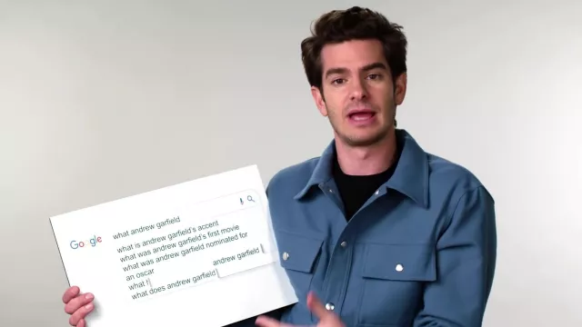 Blue fake leather jacket worn by Andrew Garfield in Andrew Garfield Answers the Web's Most Searched Questions YouTube video by WIRED