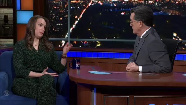 Green printed jumpsuit worn by Julia Ioffe as seen in The Late Show with Stephen Colbert