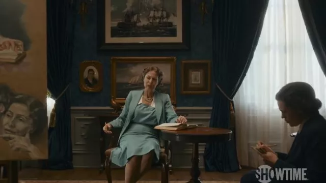 Blue dress and jacket ensemble worn by Eleanor Roosevelt (Gillian Anderson) as seen in The First Lady Wardrobe (Season 1)