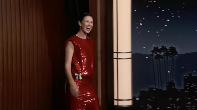 Red sequined dress worn by Caitriona Balfe as seen in Jimmy Kimmel Live! TV show