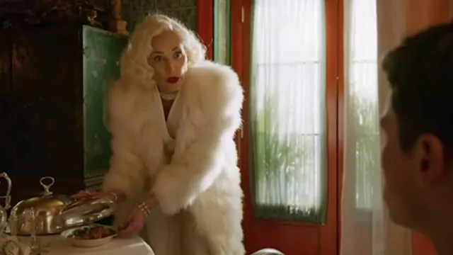 White Fur Coat worn by Lenore Osgood (Sharon Stone) as seen in Ratched TV series outfits (Season 1 Episode 3)