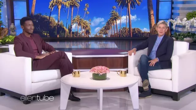 Burgundy suit worn by Mamoudou Athie as seen in The Ellen DeGeneres Show on March 8, 2022