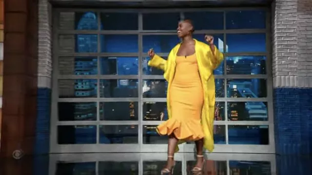 Yellow Light Long Coat Jacket worn by Denée Benton as seen in The Late Show with Stephen Colbert on March 9, 2022