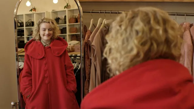 Red Hoodie Coat worn by Maddy (Julia Garner) as seen in Modern Love TV series outfits (Season 1 Episode 6)