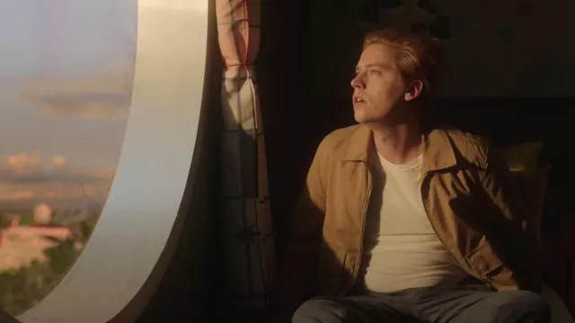 Beige Harrington Zip Jacket worn by Walt (Cole Sprouse) as seen in Moonshot movie