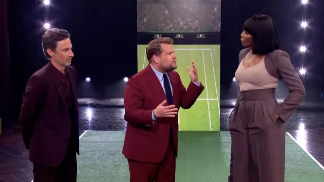 Crop Brown Blazer Top Jacket and pants worn by Venus Williams as seen in The Late Late Show with James Corden