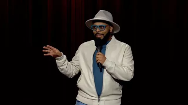 White Leather Zip Jacket worn by Akeem Woods as seen in The Late Late Show with James Corden