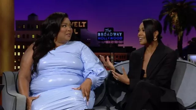 One Off Shoulder Light Blue Dress worn by Lizzo as seen in The Late Late Show with James Corden