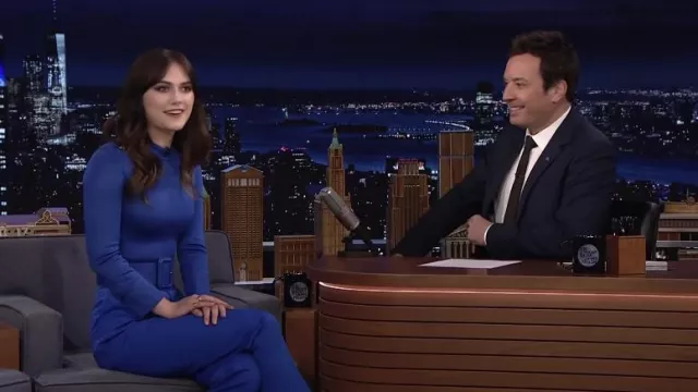 Blue Pants and Turtleneck top set worn by Emilia Jones as seen in The Tonight Show Starring Jimmy Fallon