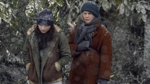 Brown fur wool coat worn by Carol Peletier (Melissa McBride) as seen in The Walking Dead TV show wardrobe (Season 9 Episode 16)
