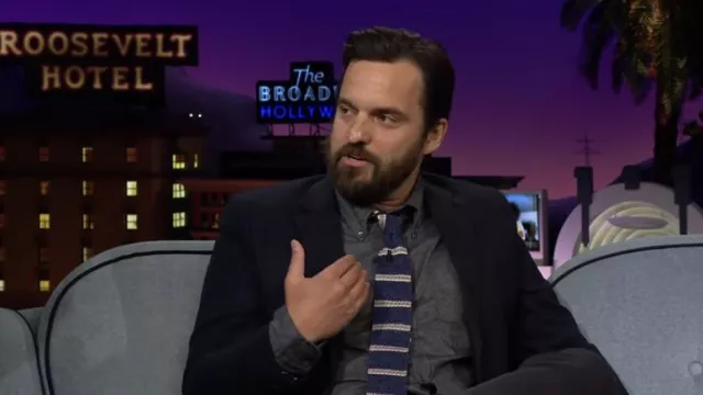 Blue Striped Tie worn by Jake Johnson as seen in The Late Late Show with James Corden